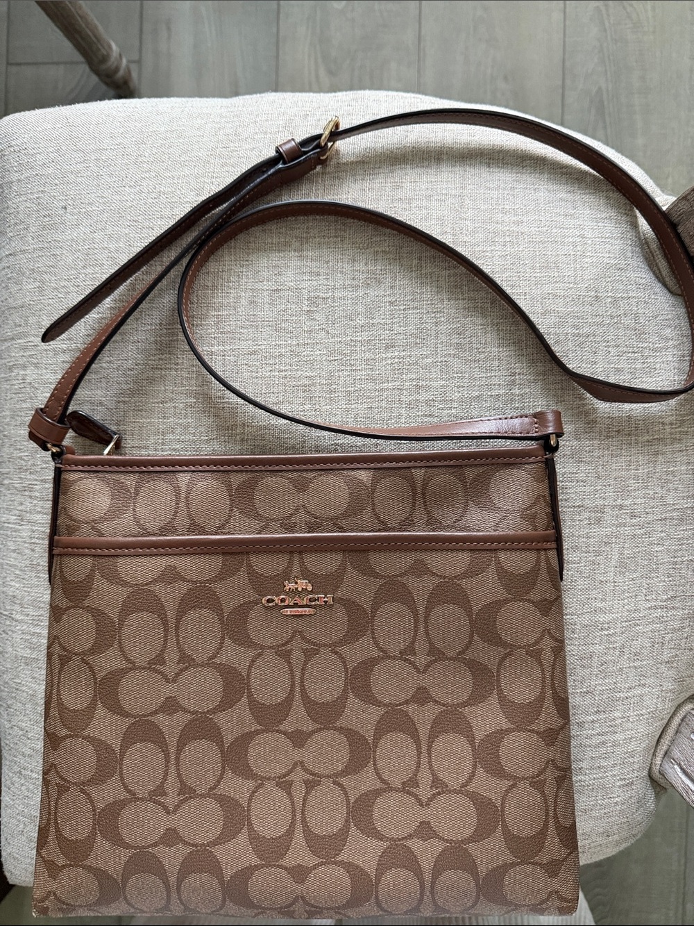 Coach Signature Canvas Messenger Bag in Brown with Leather Trim